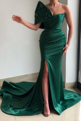 Amazing Green Strapless Sleeveless Mermaid Satin Evening Dresses With Ruffles-Ballbella