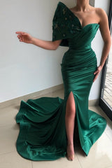 Amazing Green Strapless Sleeveless Mermaid Satin Evening Dresses With Ruffles-Ballbella