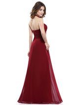 Amazing Long Evening Dress Burgundy Halter Party Dress Chiffon Sweetheart Draping A Line Maxi Evening Gown wedding guest dress-Ballbella