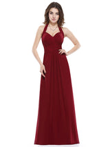Amazing Long Evening Dress Burgundy Halter Party Dress Chiffon Sweetheart Draping A Line Maxi Evening Gown wedding guest dress-Ballbella