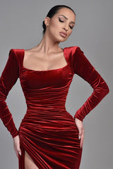 Amazing Long Sleeves Burgundy Prom Dress Velvet Split-Ballbella