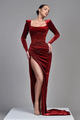 Amazing Long Sleeves Burgundy Prom Dress Velvet Split-Ballbella