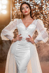 Amazing Long V-Neck Glitter Wedding Dresses Online With Long Sleevess-Ballbella