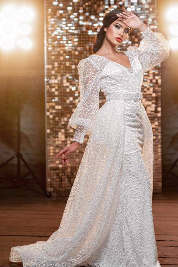 Amazing Long V-Neck Glitter Wedding Dresses Online With Long