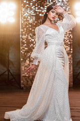 Amazing Long V-Neck Glitter Wedding Dresses Online With Long Sleevess-Ballbella