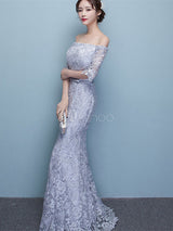 Amazing Mermaid Evening Dress Lace Off The Shoulder Party Dress Silver Half Sleeve Floor Length Occasion Dress With Bow Sash wedding guest dress-Ballbella