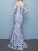 Amazing Mermaid Evening Dress Lace Off The Shoulder Party Dress Silver Half Sleeve Floor Length Occasion Dress With Bow Sash wedding guest dress-Ballbella