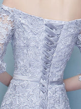 Amazing Mermaid Evening Dress Lace Off The Shoulder Party Dress Silver Half Sleeve Floor Length Occasion Dress With Bow Sash wedding guest dress-Ballbella