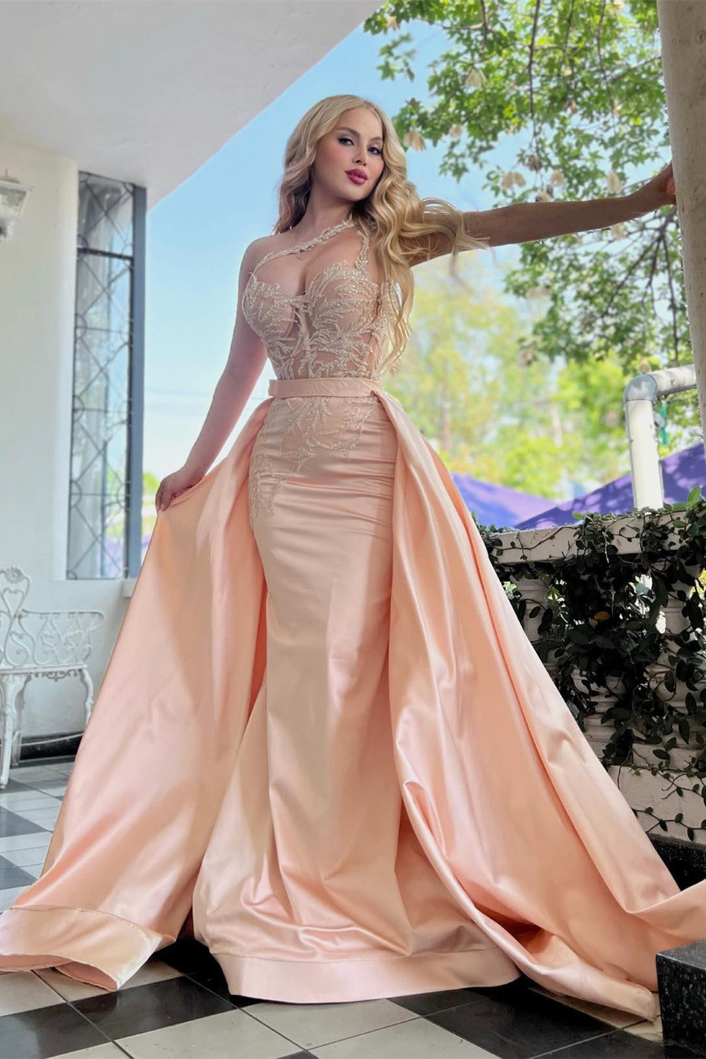 Amazing One Shoulder Mermaid Prom Dress Overskirt Long With Lace Beads Amazing One Shoulder Mermaid Prom Dress Overskirt Long With Lace Beads