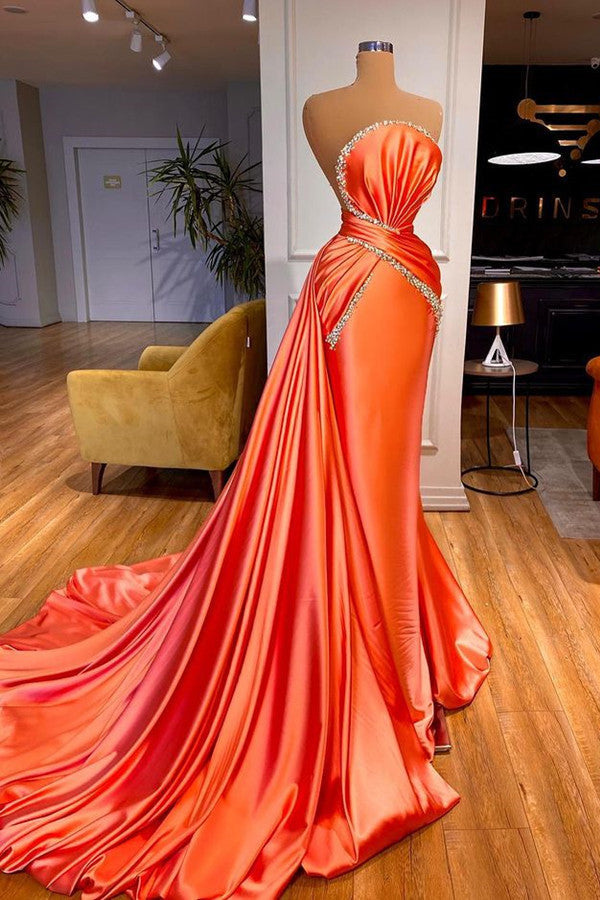 strapless open back dress Charming Teal Green Pleated Satin A Line Prom Dress with Slit Long Gra –  Siaoryne
