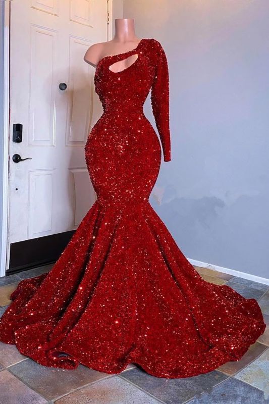 Amazing Red Long Sleeves Prom Dress One-Shoulder Mermaid With Sequins Amazing Red Long Sleeves Prom Dress One-Shoulder Mermaid With Sequins