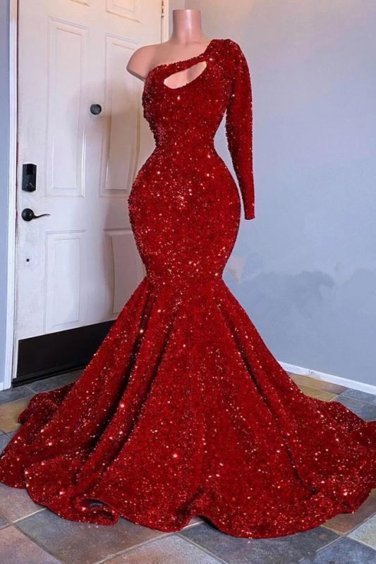 Amazing Red Long Sleeves Prom Dress One-Shoulder Mermaid With Sequins Amazing Red Long Sleeves Prom Dress One-Shoulder Mermaid With Sequins