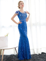 Amazing Sequin Evening Dresses Royal Blue Mermaid Formal Dress Rhinestones Beaded Cap Sleeve Floor Length Evening Gown wedding guest dress-Ballbella