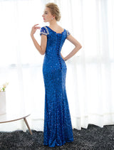 Amazing Sequin Evening Dresses Royal Blue Mermaid Formal Dress Rhinestones Beaded Cap Sleeve Floor Length Evening Gown wedding guest dress-Ballbella