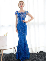 Amazing Sequin Evening Dresses Royal Blue Mermaid Formal Dress Rhinestones Beaded Cap Sleeve Floor Length Evening Gown wedding guest dress-Ballbella