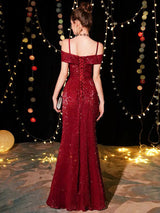 Amazing Sequin Evening Dresses Sexy Off The Shoulder Split Floor Length Maxi Dress-Ballbella