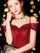 Amazing Sequin Evening Dresses Sexy Off The Shoulder Split Floor Length Maxi Dress-Ballbella