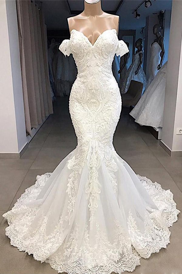 Amazing Sweetheart Mermaid White Wedding Dress Off the shoulder Lace Bridal Gowns Online Amazing Sweetheart Mermaid White Wedding Dress Off the shoulder Lace Bridal Gowns Online