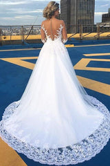 AmazingLace Sweep Train Bridal Gown Long Sleeves Tulle Wedding Dresses-Ballbella