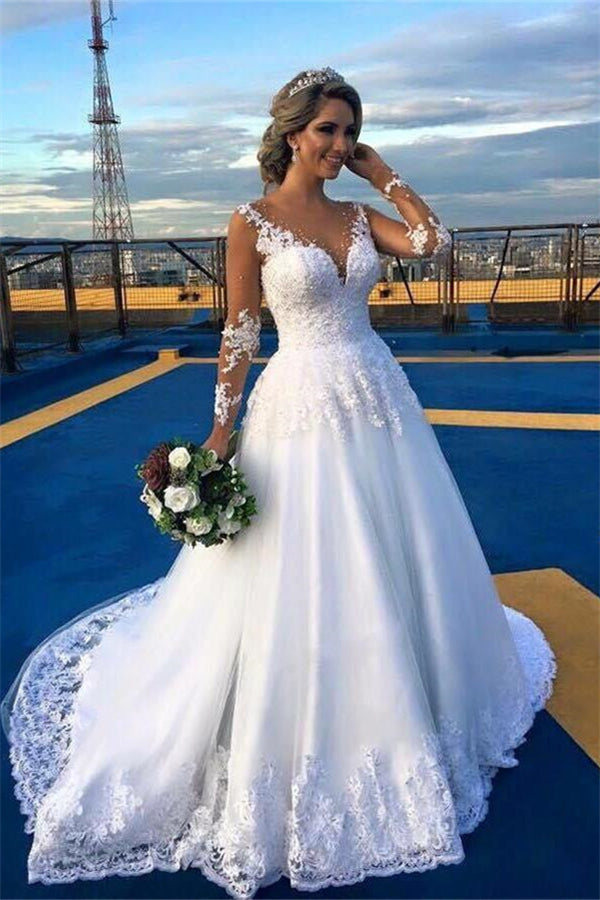 sweep train bridesmaid dresses AmazingLace Sweep Train Bridal Gown Long Sleeves Tulle Wedding Dresses