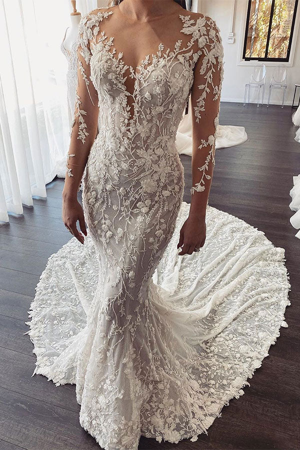 AmazingLong Train Lace Open back Mermaid White Wedding Dresses