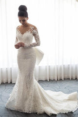 AmazingMermaid Lace Wedding Dress with Sleeves Bowknot Detachable Overskirt Bride Dress-Ballbella