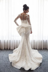 AmazingMermaid Lace Wedding Dress with Sleeves Bowknot Detachable Overskirt Bride Dress-Ballbella
