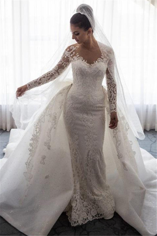 AmazingMermaid Lace Wedding Dress with Sleeves Bowknot Detachable Overskirt Bride Dress Ballbella AmazingMermaid Lace Wedding Dress with Sleeves Bowknot Detachable Overskirt Bride Dress Ballbella