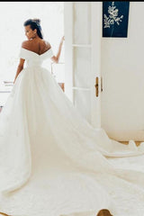 AmazingOff the Shoulder Aline Satin Bridal Gown Garden Wedding Dress-Ballbella
