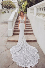 AmazingTrain Sleeveless V neck Lace mermaid wedding dresses-Ballbella