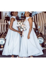 Ankle Length Halter Lace Applique Bridesmaid Dresses With Big Bow At Back A-line Formal Wedding Party Dresses-Ballbella