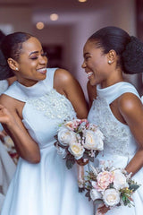 Ankle Length Halter Lace Applique Bridesmaid Dresses With Big Bow At Back A-line Formal Wedding Party Dresses-Ballbella