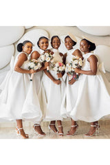 Ankle Length Halter Lace Applique Bridesmaid Dresses With Big Bow At Back A-line Formal Wedding Party Dresses-Ballbella