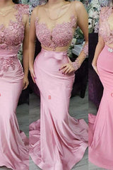 Appliques Lace Mermaid Evening Dresses Pink Formal Dresses-Ballbella