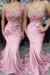 Appliques Lace Mermaid Evening Dresses Pink Formal Dresses-Ballbella