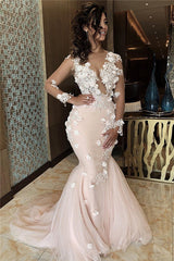 Appliques Mermaid Lace Prom Dresses V-neck Formal Gowns-Ballbella