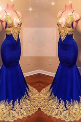 Appliques Spaghetti Sleeveless V-neck Mermaid Prom Dresses-Ballbella