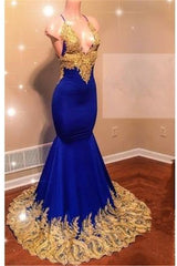 Appliques Spaghetti Sleeveless V-neck Mermaid Prom Dresses-Ballbella