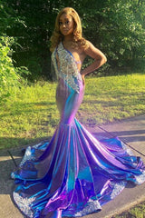 Asymmetric Beads Appliques Prom Dresses Alluring Open Back Fit and Flare Evening Gowns-Ballbella