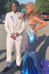 Asymmetric Beads Appliques Prom Dresses Alluring Open Back Fit and Flare Evening Gowns-Ballbella