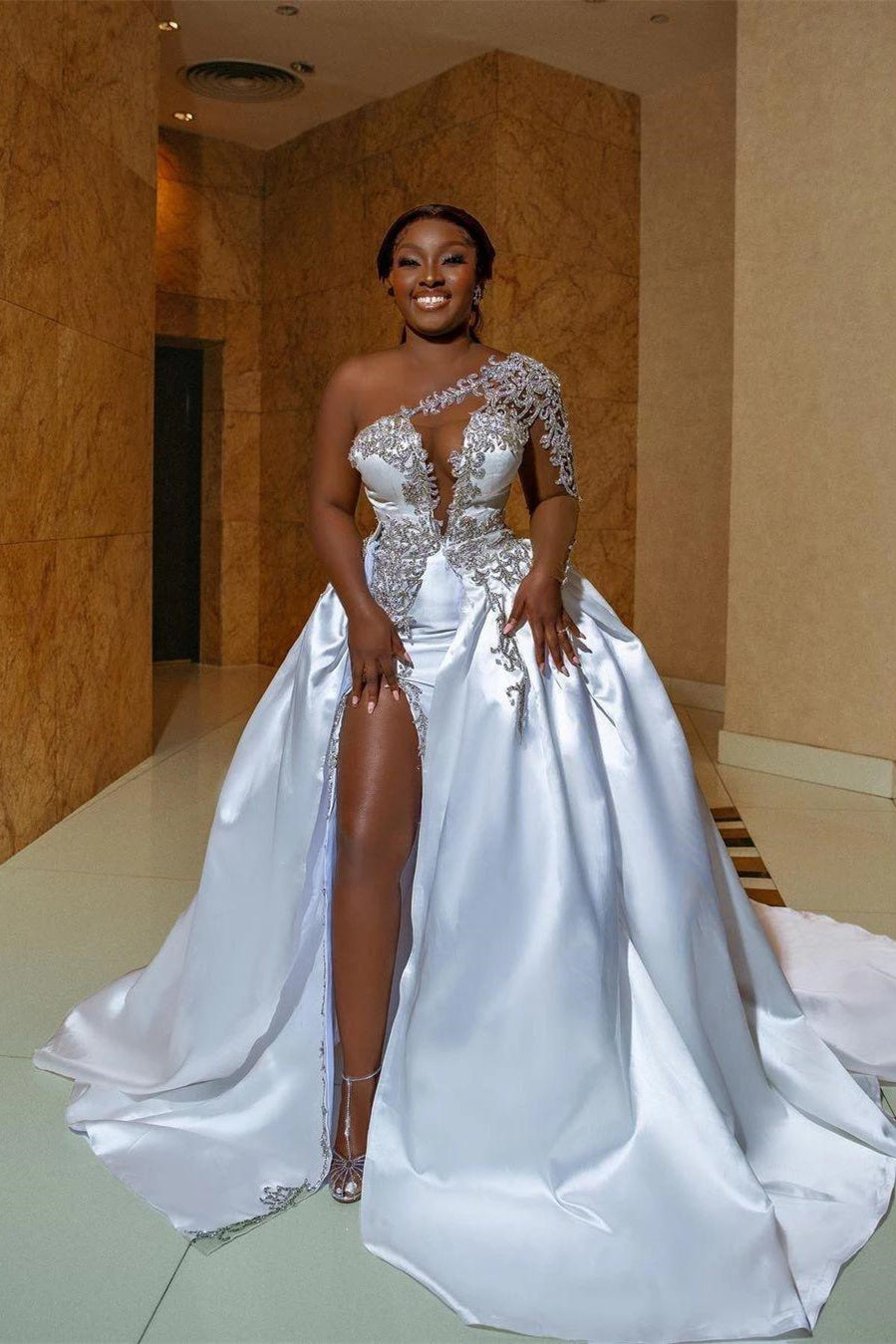 Asymmetrical Mermaid High Split One Shoulder Floor-length Long Sleeve Open Back Appliques Lace Wedding Dresses Asymmetrical Mermaid High Split One Shoulder Floor-length Long Sleeve Open Back Appliques Lace Wedding Dresses