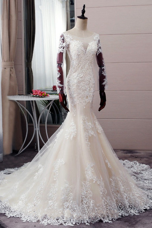 long sleeve autumn wedding dress Autumn Long Sleevess Mermaid Lace appliques Ivory Wedding Dress