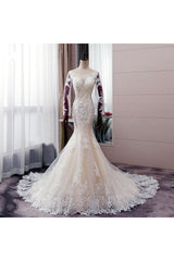 Autumn Long Sleevess Mermaid Lace appliques Ivory Wedding Dress-Ballbella