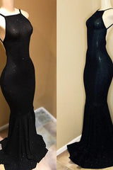 Backless black prom dress, sequins evening gowns-Ballbella