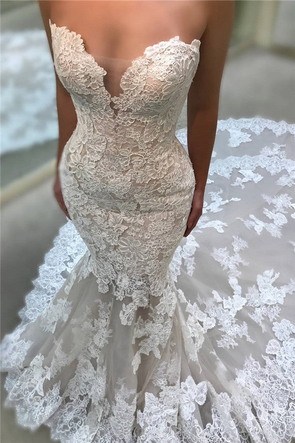 Backless Strapless Modern Mermaid Wedding Dresses Cathedral Train Lace Dresses for Weddings Backless Strapless Modern Mermaid Wedding Dresses Cathedral Train Lace Dresses for Weddings