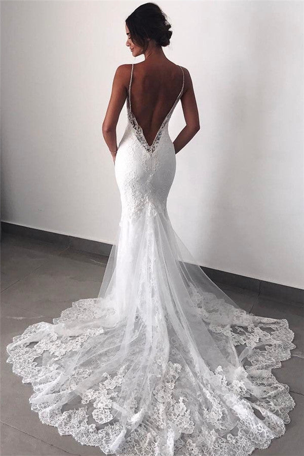 Backless Wedding Dresses Lace Mermaid Modern Spaghetti Straps Bride Dress –  Ballbella
