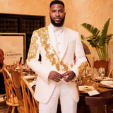 White Shawl Lapel 3-Piece Prom Suit with Golden Beading