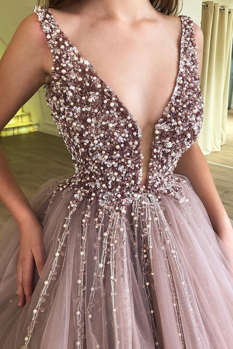 Ball Gown Deep V-neck Wide Strap Floor Length Tulle Beaded Prom Dress Ball Gown Deep V-neck Wide Strap Floor Length Tulle Beaded Prom Dress