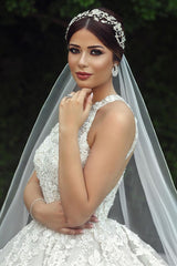 Ball Gown Halter Floor Length Backless Tulle Lace Applique Wedding Dress-Ballbella