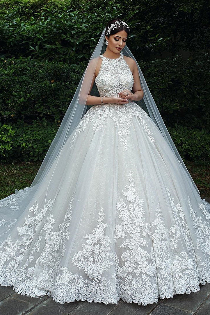 Ball Gown Halter Floor Length Backless Tulle Lace Applique Wedding Dress Ball Gown Halter Floor Length Backless Tulle Lace Applique Wedding Dress